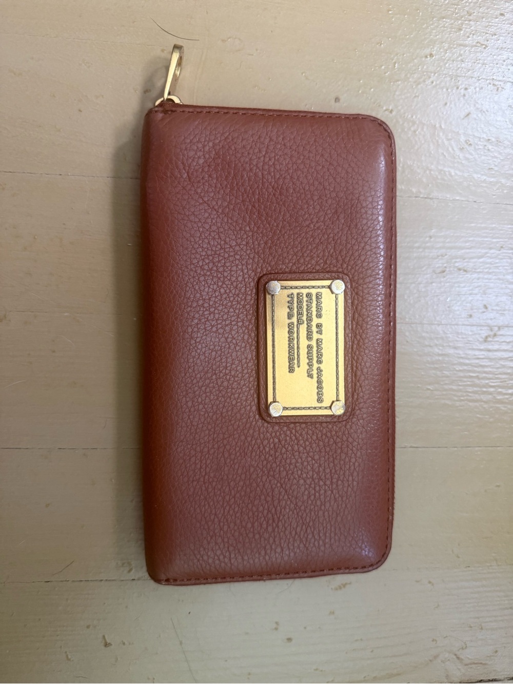 Marc By Marc Jacobs Chestnut Brown Pebbled Leather Zip Wallet with Gold Plate
